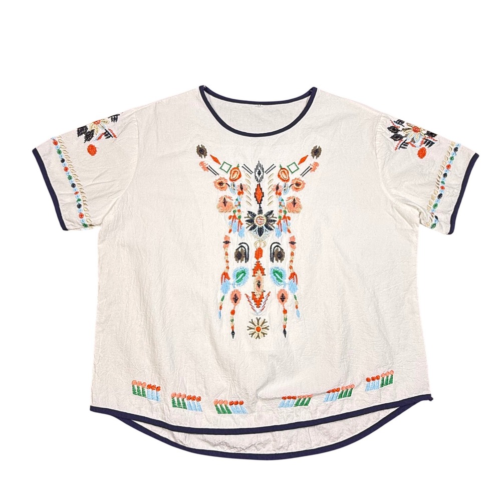 White Cotton Linen Embroidered Boho Short Sleeve Top Sz M lightweight Oversized
